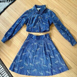 Handmade Rhinestone Spur Cotton Skirt and Jacket Vintage Matching Set